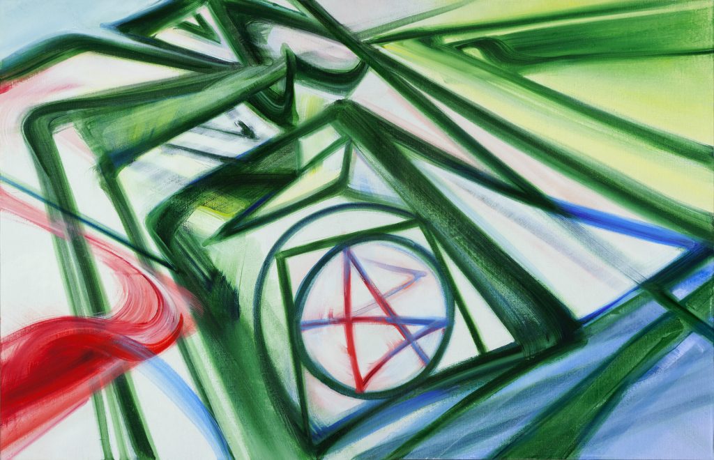 Dub Housing (for David T.) Oil & enamel on linen, 40” x 62” / 101 x 157.48 cm.